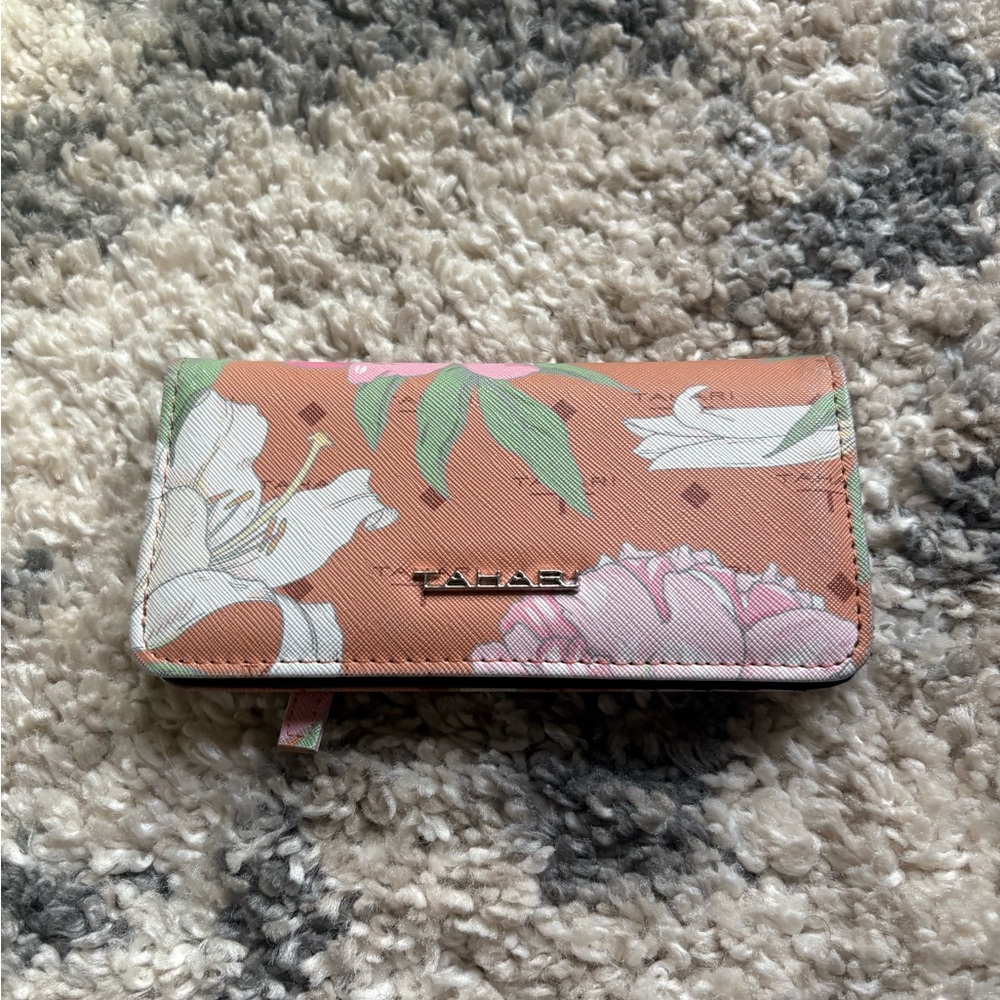 Tahari Tan Floral Key & Card Holder